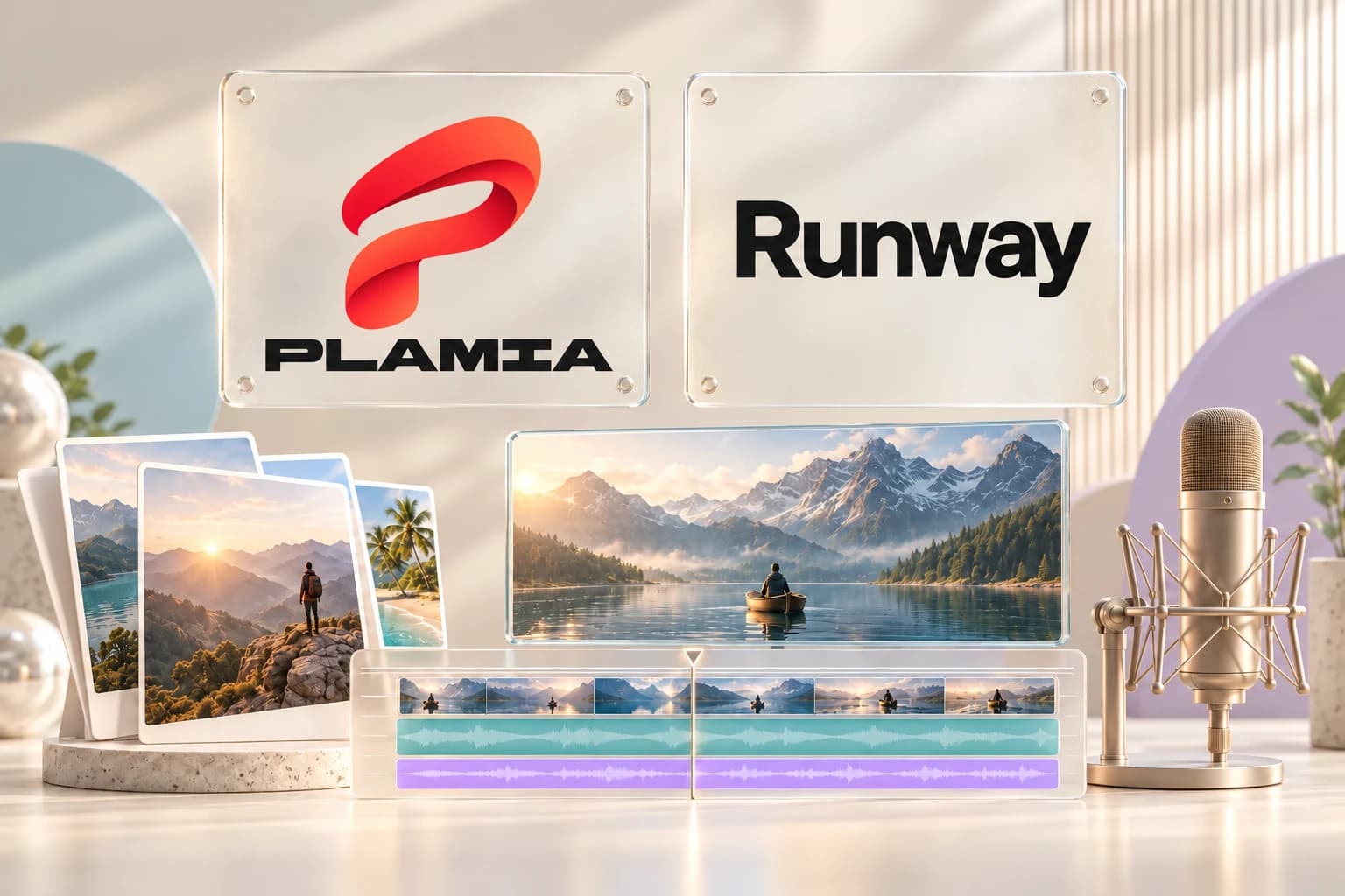 Plamia and Runway on glass panels above landscape images, cinematic mountain footage, and editing tracks.