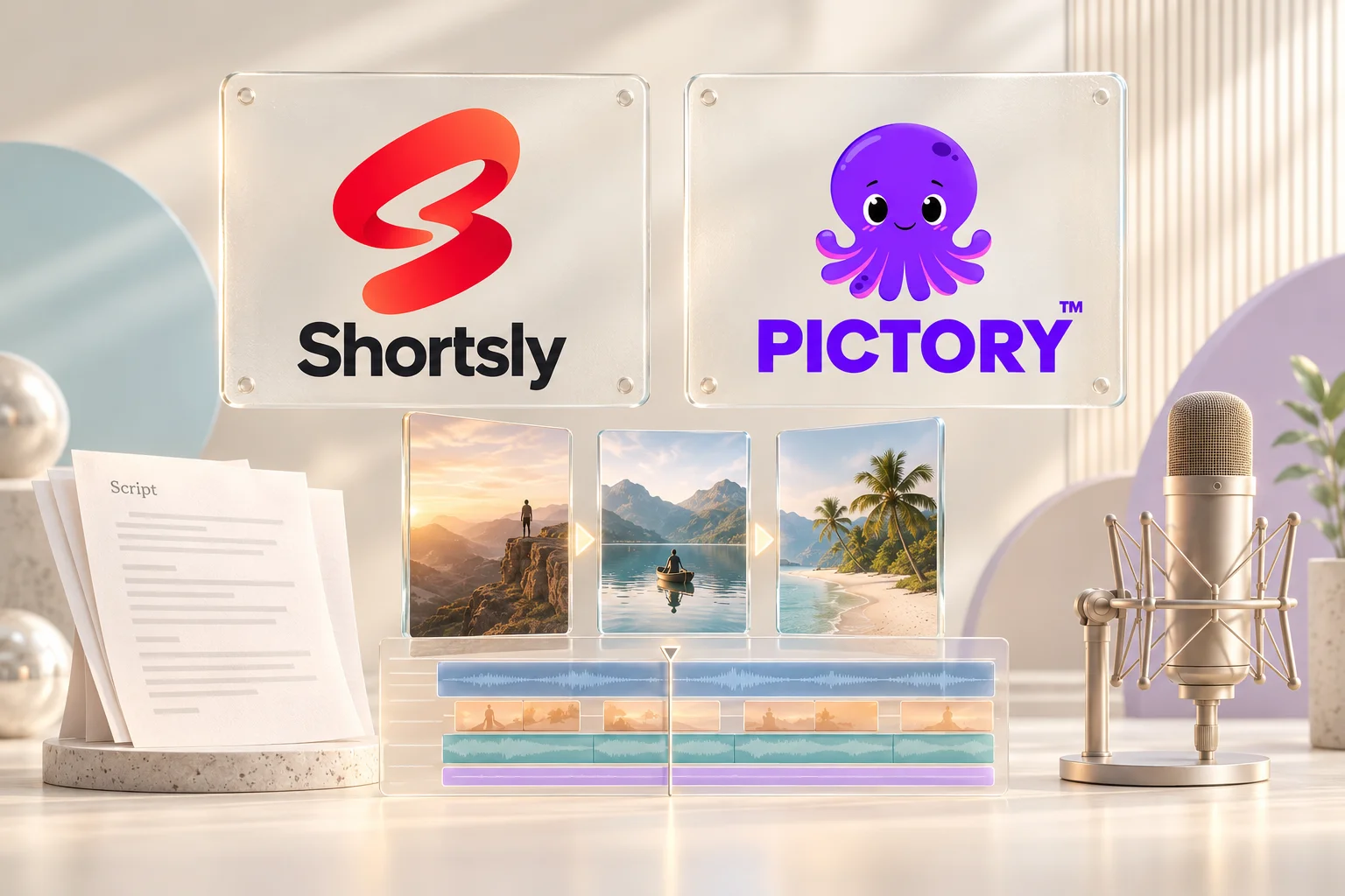 Shortsly and Pictory logos above glass video scenes and an editing timeline in a warm studio.
