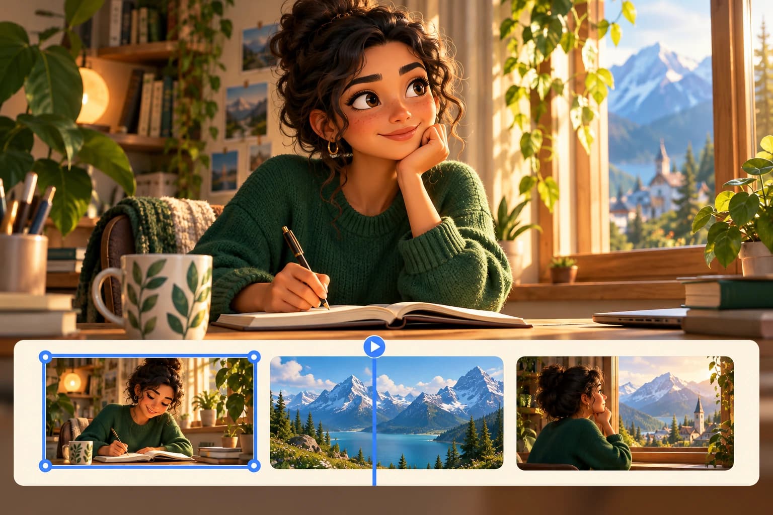 An illustrated writer above a sequence of editable storyboard frames