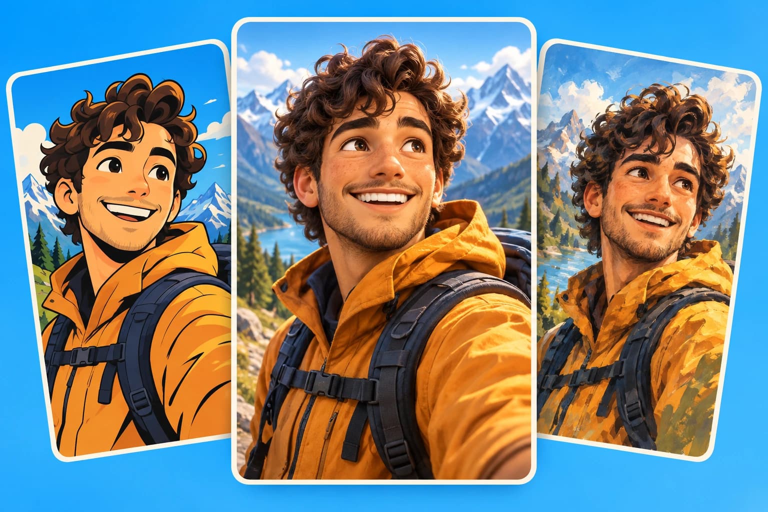 An orange-jacketed adventurer shown in cartoon, 3D, and painterly styles