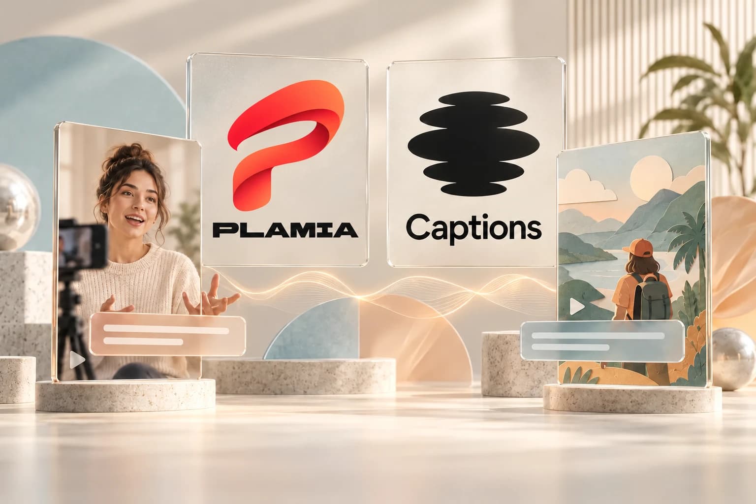 Plamia and Captions logos above a creator portrait and an illustrated scene in a pastel studio.