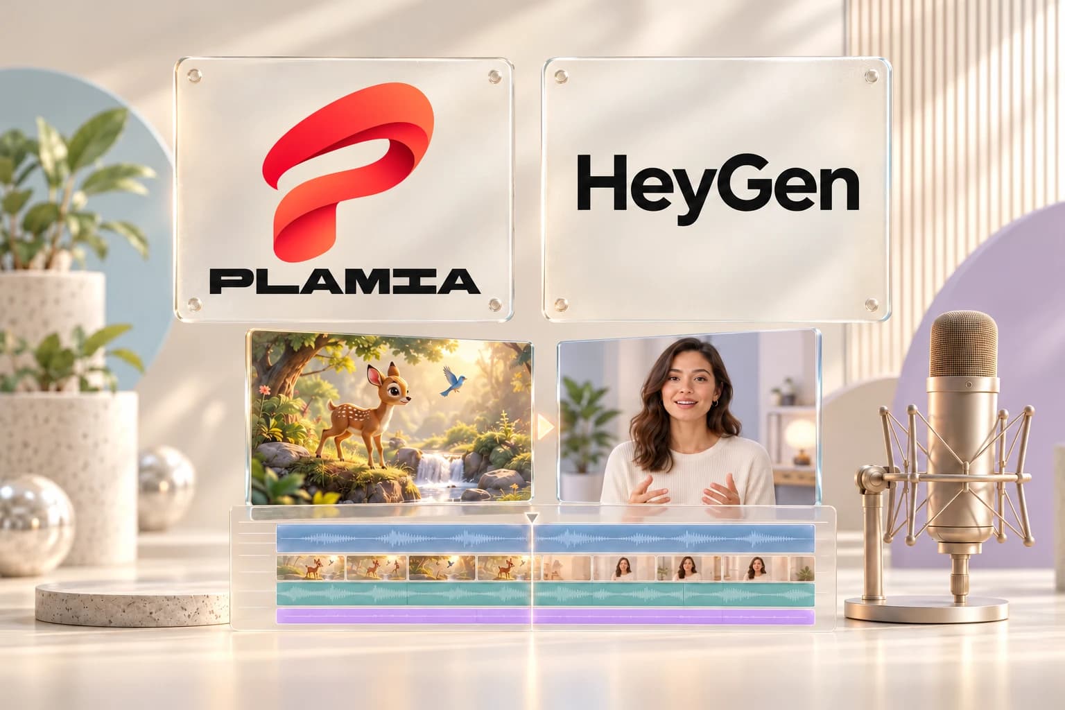 Plamia and HeyGen on glass panels above an illustrated scene, a presenter portrait, and video editing tracks.