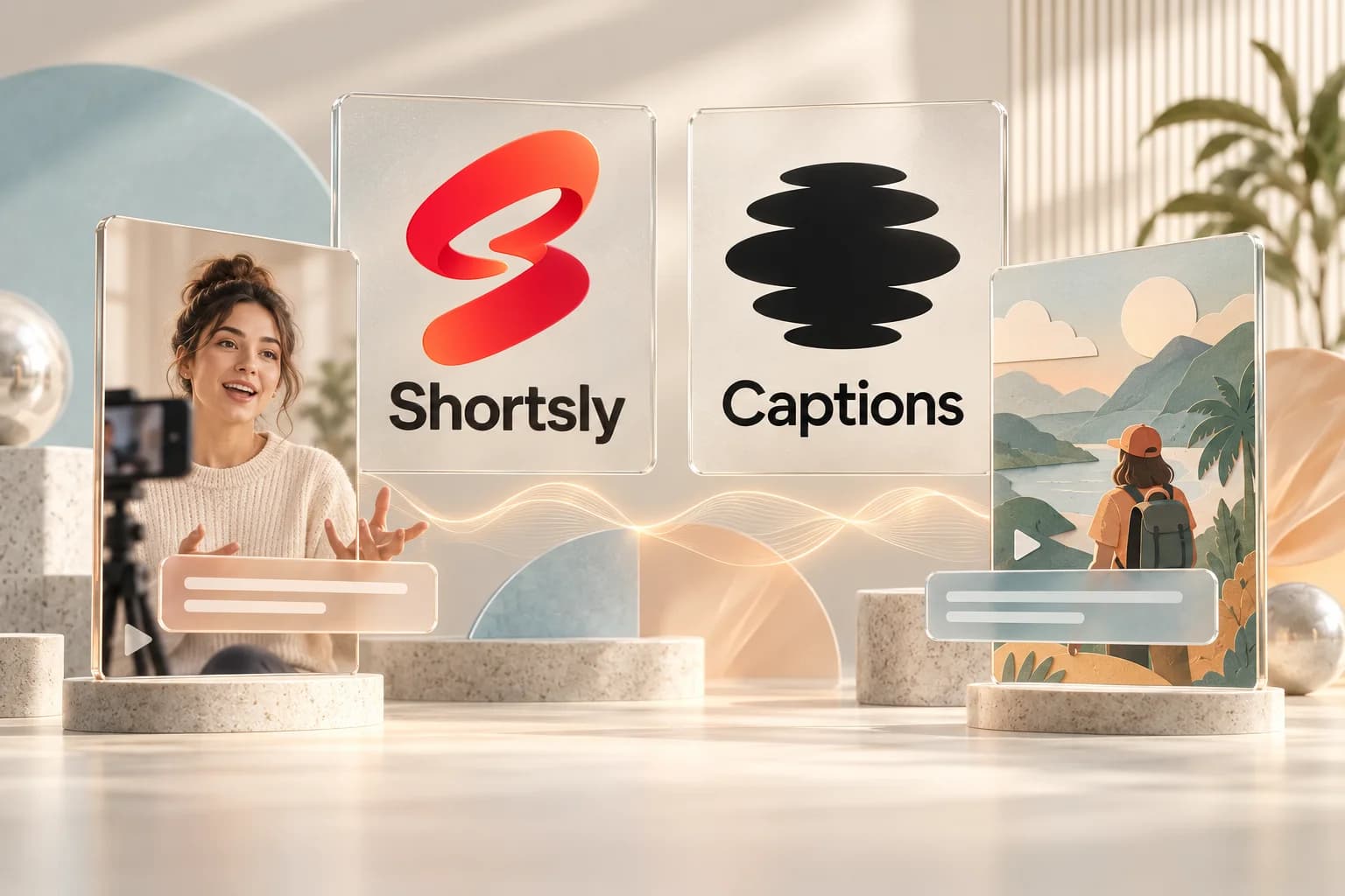 Shortsly and Captions logos above a creator portrait and an illustrated scene in a pastel studio.