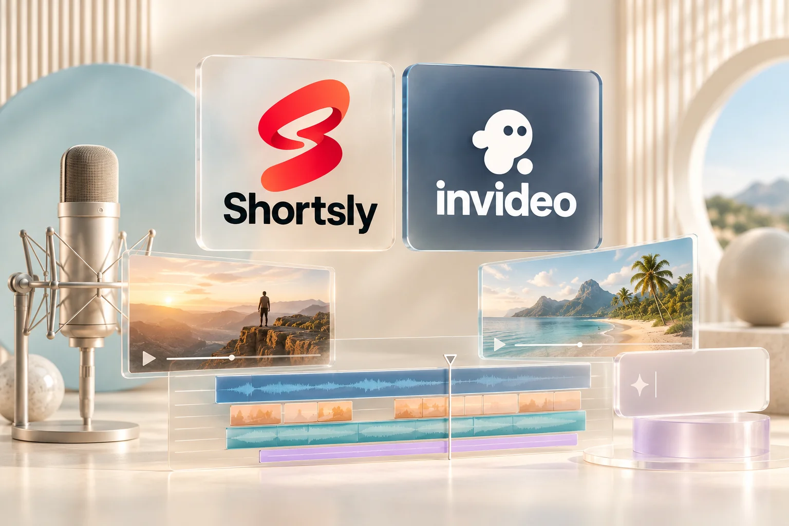 Shortsly and InVideo logos on glass plaques with cinematic frames and layered editing tracks.