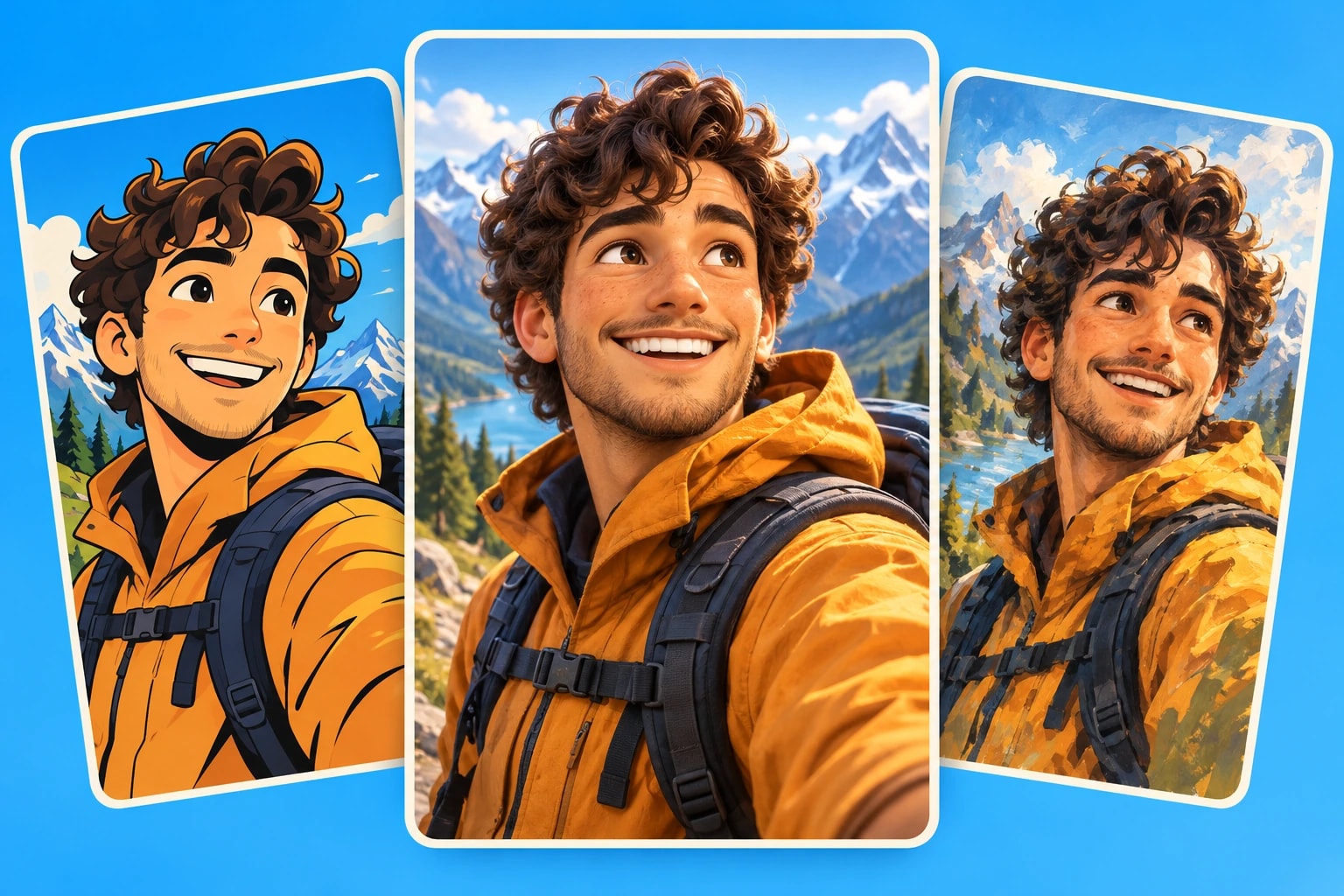 An orange-jacketed adventurer shown in cartoon, 3D, and painterly styles