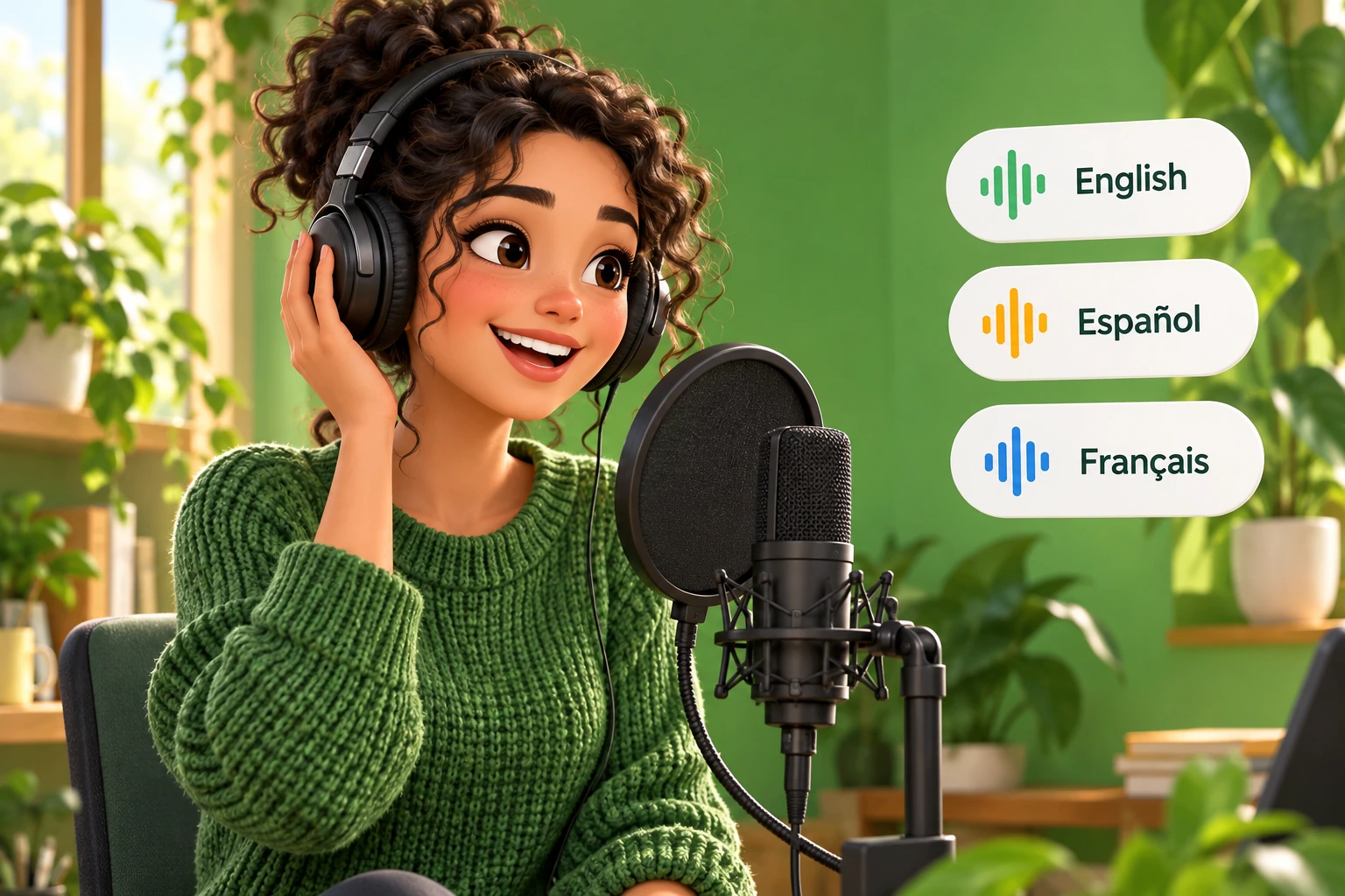 An illustrated narrator at a microphone with English, Spanish, and French language labels