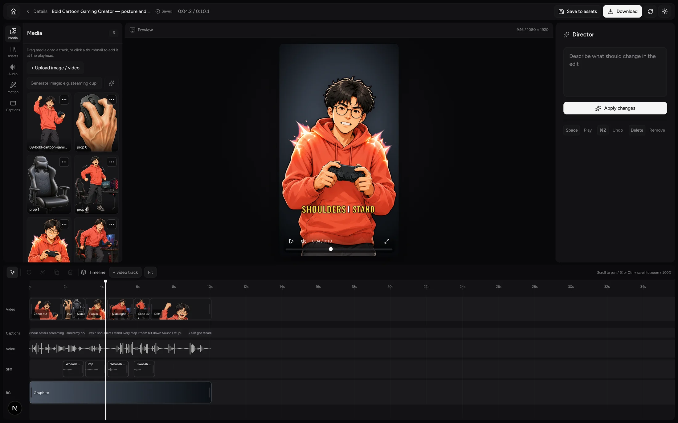 The Shortsly editor with a generated short open: the media panel, the preview, and the multi-track timeline below it.