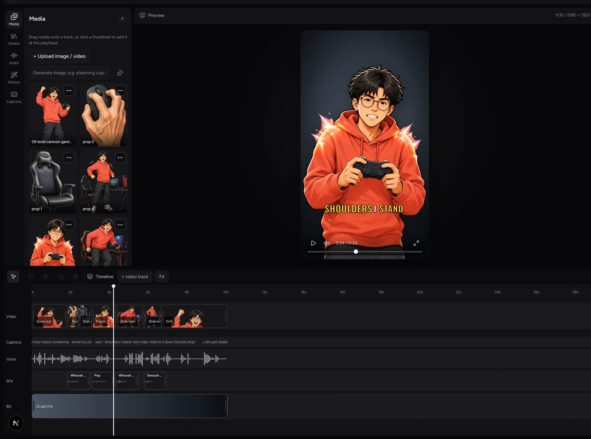 The Shortsly timeline: video clips with thumbnails, a caption track, the voiceover waveform, placed sound effects and the background lane.